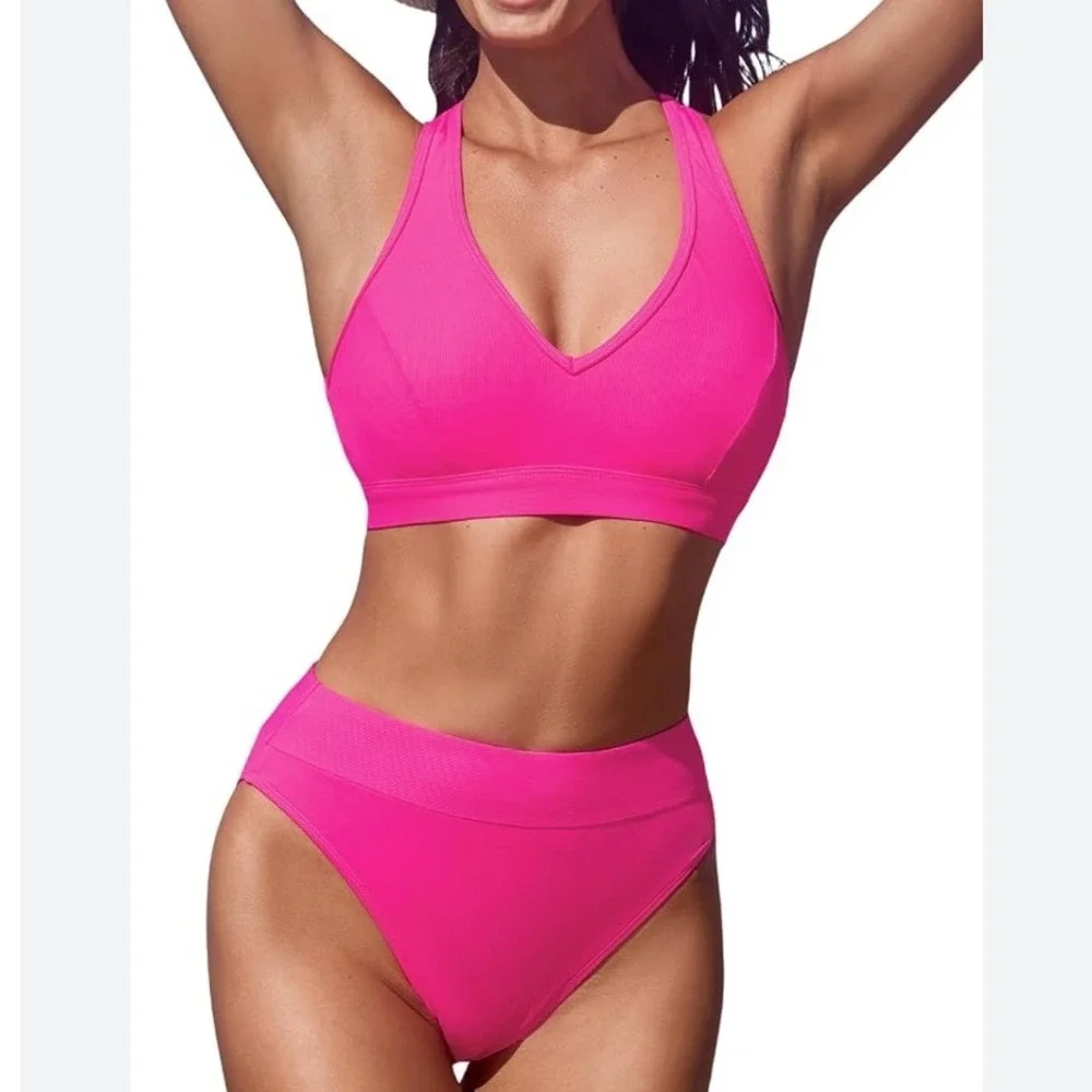 Cupshe Hot Pink Bikini Set Top Small Bottom Medium Ribbed Racerback High Waisted